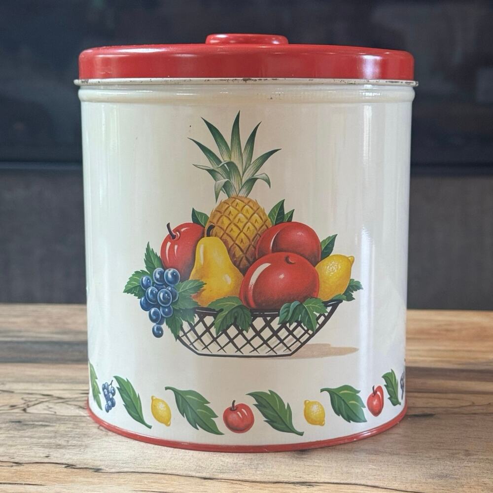 Vintage Decoware Tin Canister 1950s Fruit Basket Red Lid Coffee Size 7"H Country